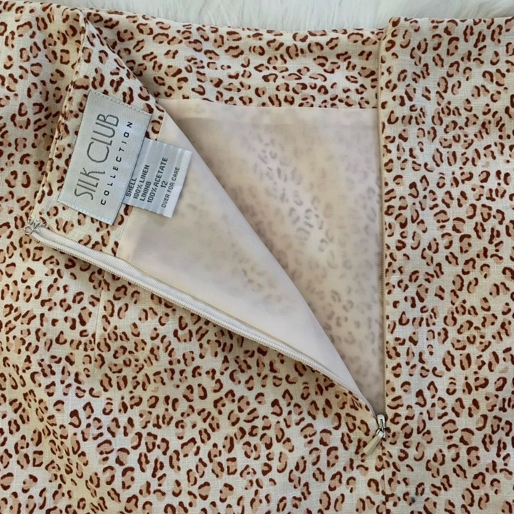 Silk Club Linen Leopard Pencil Skirt with Palm Tree Border and Beaded Hem